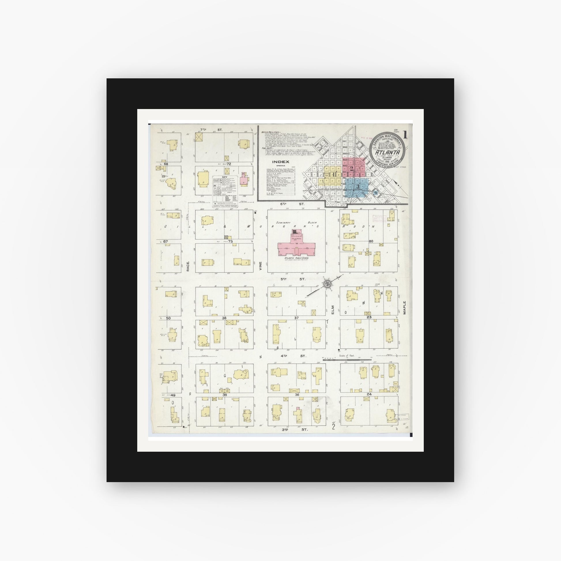 Old map wall art mockup — black gallery frame with white mat — Sanborn Fire Insurance Map from Atlanta, Logan County, Illinois (1910) - Complete Map Set
