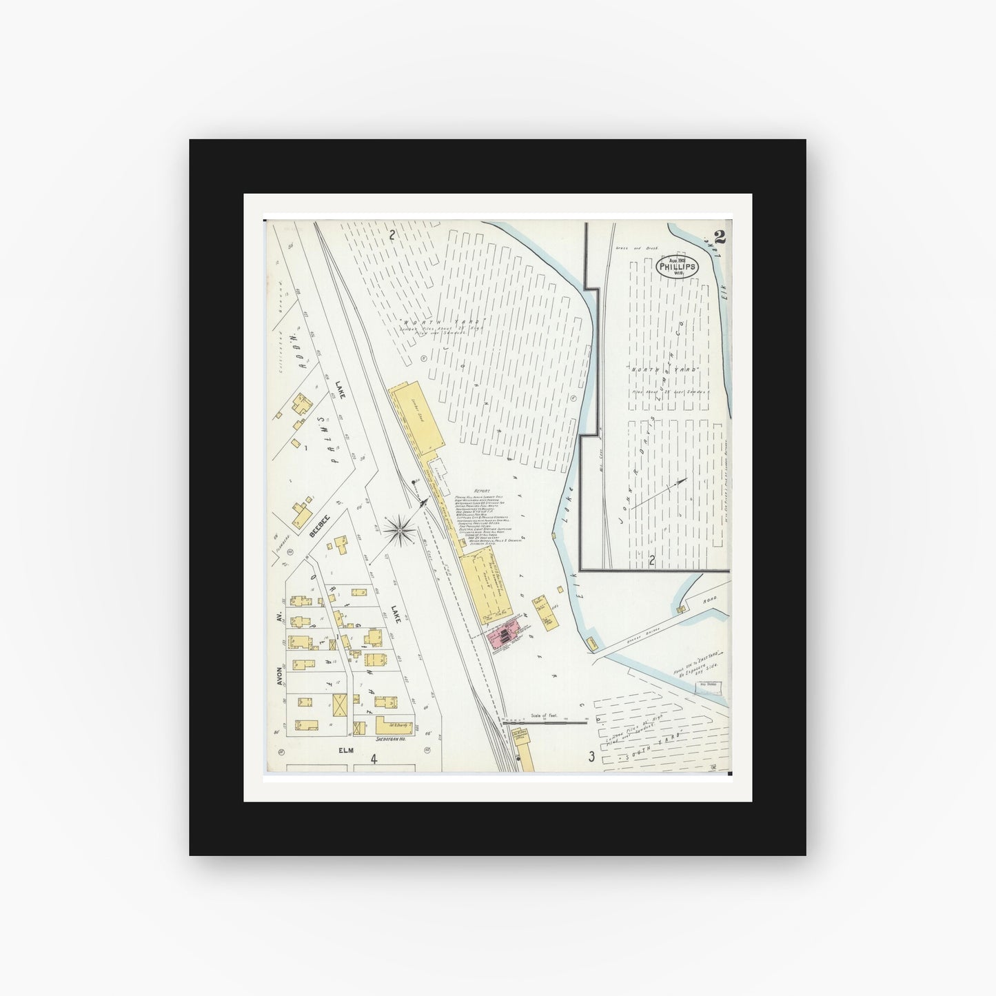 Old map wall art mockup — black gallery frame with white mat — Sanborn Fire Insurance Map from Phillips, Price County, Wisconsin (1901), Sheet #0002