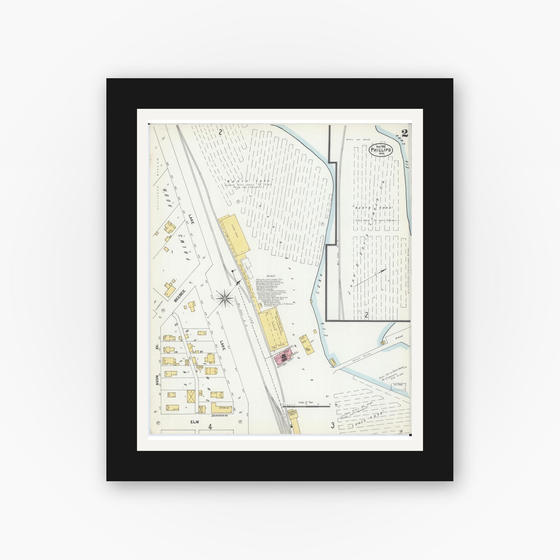 Old map wall art mockup — black gallery frame with white mat — Sanborn Fire Insurance Map from Phillips, Price County, Wisconsin (1901), Sheet #0002
