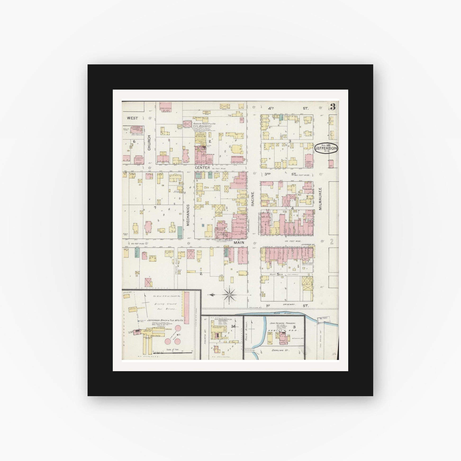 Old map wall art mockup — black gallery frame with white mat — Sanborn Fire Insurance Map from Jefferson, Jefferson County, Wisconsin (1892), Sheet #0003