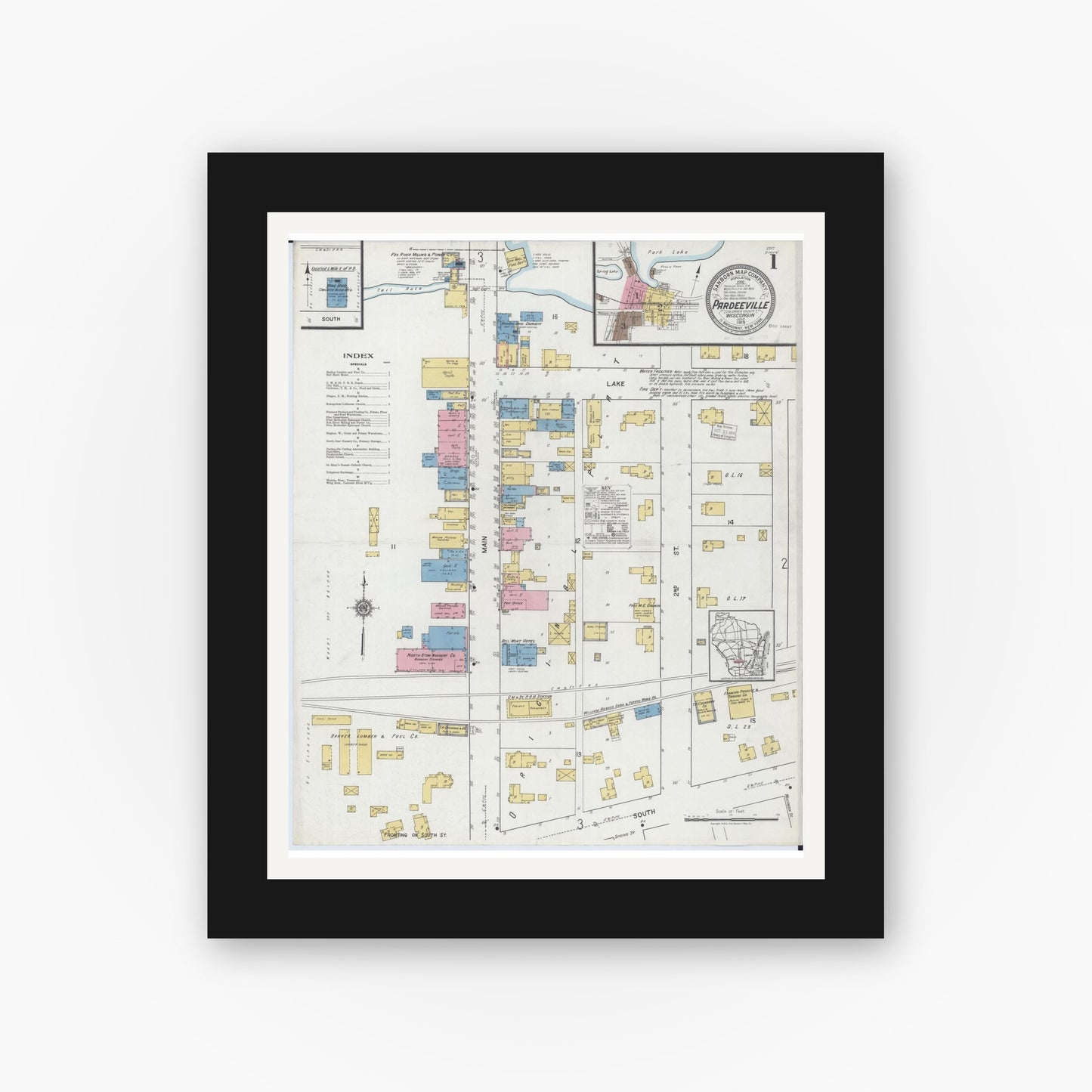 Old map wall art mockup — black gallery frame with white mat — Sanborn Fire Insurance Map from Pardeeville, Columbia County, Wisconsin (1919) - Complete Map Set