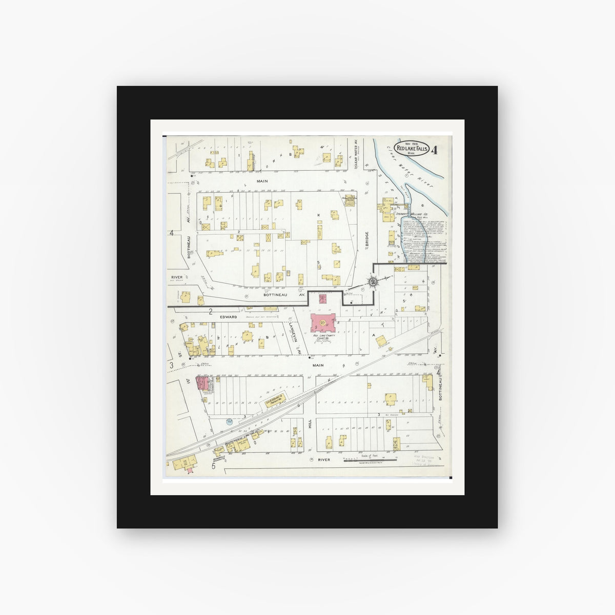 Old map wall art mockup — black gallery frame with white mat — Sanborn Fire Insurance Map from Red Lake Falls, Red Lake County, Minnesota (1918), Sheet #0004