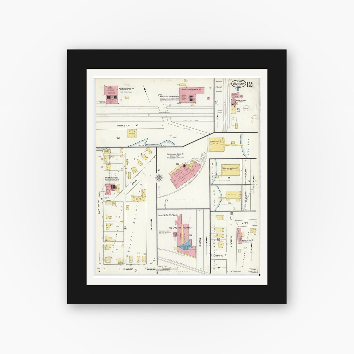 Old map wall art mockup — black gallery frame with white mat — Sanborn Fire Insurance Map from Warsaw, Kosciusko County, Indiana (1917), Sheet #0012
