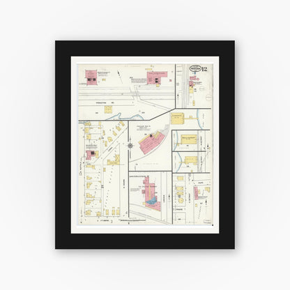 Old map wall art mockup — black gallery frame with white mat — Sanborn Fire Insurance Map from Warsaw, Kosciusko County, Indiana (1917), Sheet #0012