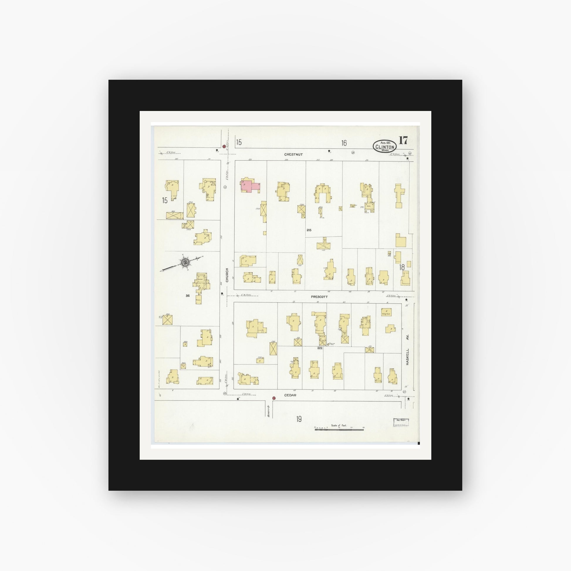 Old map wall art mockup — black gallery frame with white mat — Sanborn Fire Insurance Map from Clinton, Worcester County, Massachusetts (1911), Sheet #0017