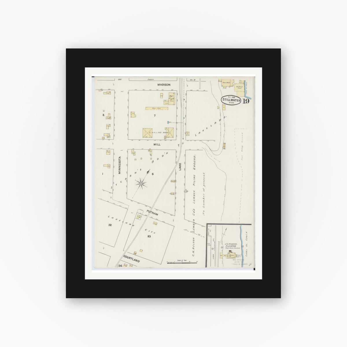 Old map wall art mockup — black gallery frame with white mat — Sanborn Fire Insurance Map from Stillwater, Washington County, Minnesota (1888), Sheet #0019