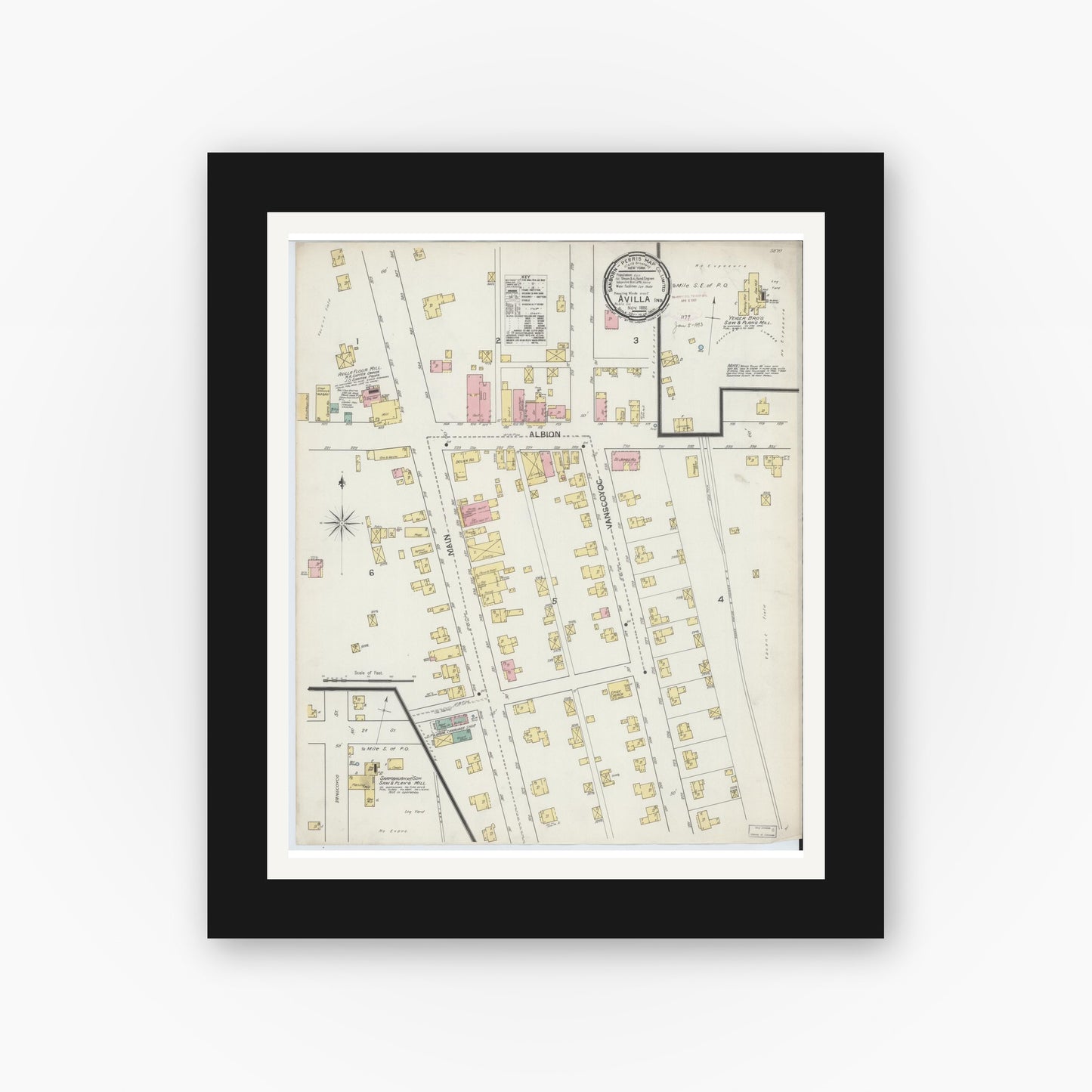 Old map wall art mockup — black gallery frame with white mat — Sanborn Fire Insurance Map from Avilla, Noble County, Indiana (1892), Sheet #0001