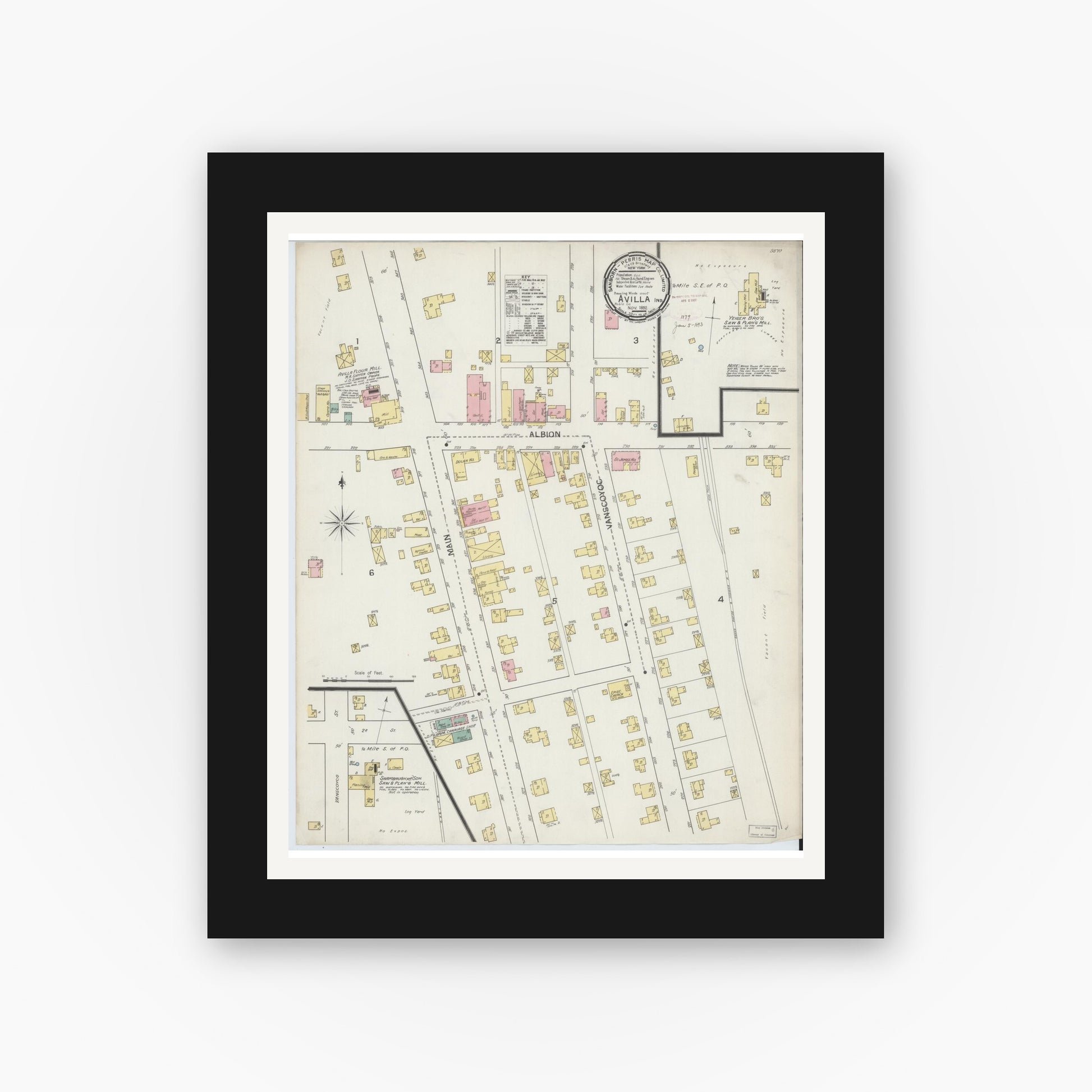Old map wall art mockup — black gallery frame with white mat — Sanborn Fire Insurance Map from Avilla, Noble County, Indiana (1892), Sheet #0001