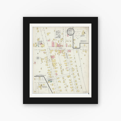 Old map wall art mockup — black gallery frame with white mat — Sanborn Fire Insurance Map from Avilla, Noble County, Indiana (1892), Sheet #0001