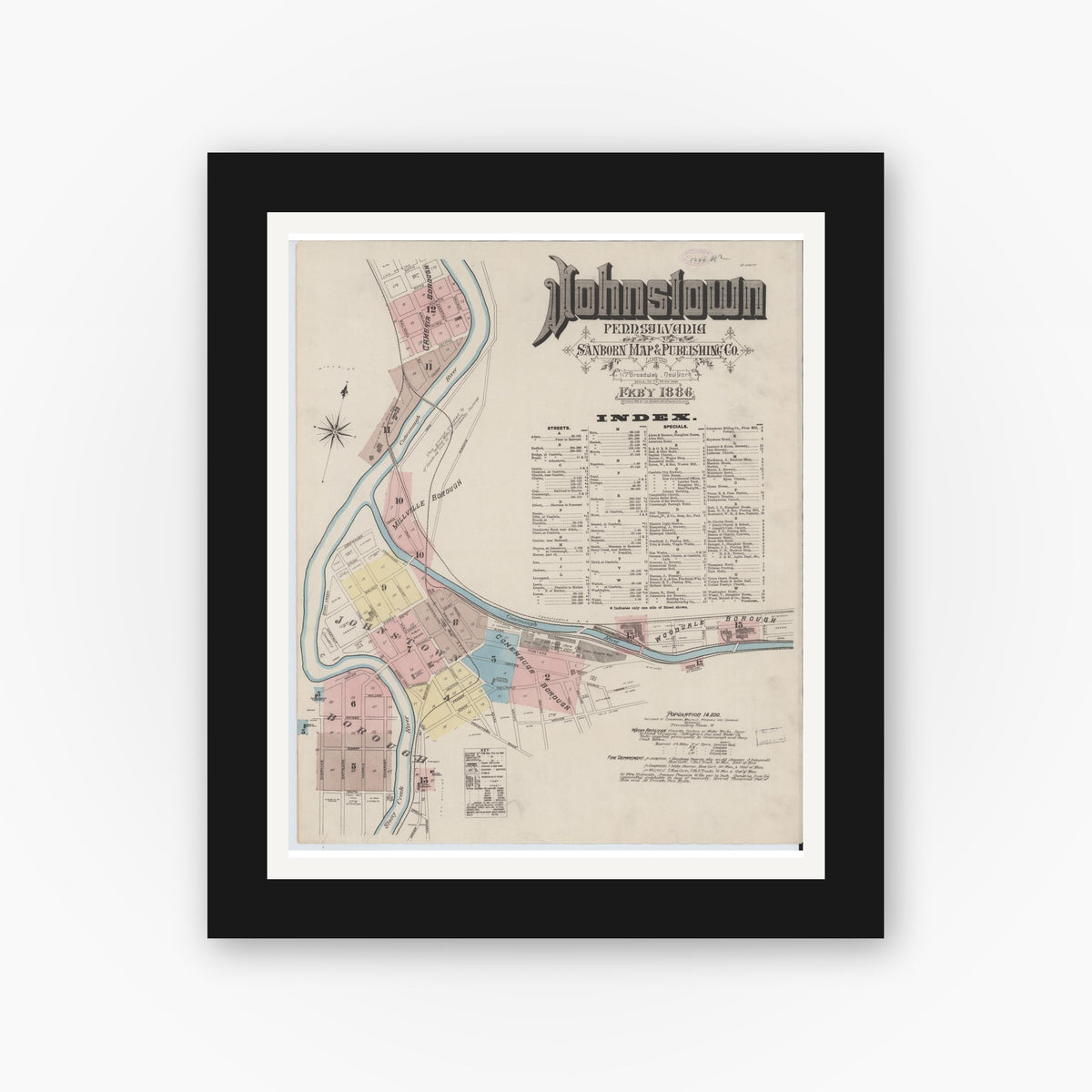 Old map wall art mockup — black gallery frame with white mat — Sanborn Fire Insurance Map from Johnstown, Cambria County, Pennsylvania (1886) - Complete Map Set