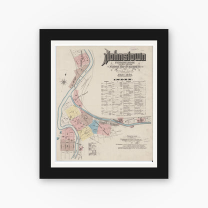 Old map wall art mockup — black gallery frame with white mat — Sanborn Fire Insurance Map from Johnstown, Cambria County, Pennsylvania (1886) - Complete Map Set