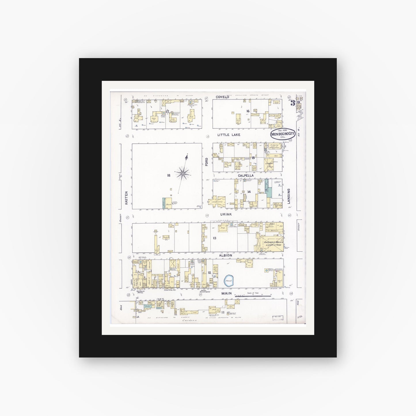 Old map wall art mockup — black gallery frame with white mat — Sanborn Fire Insurance Map from Mendocino, Mendocino County, California (1890), Sheet #0003