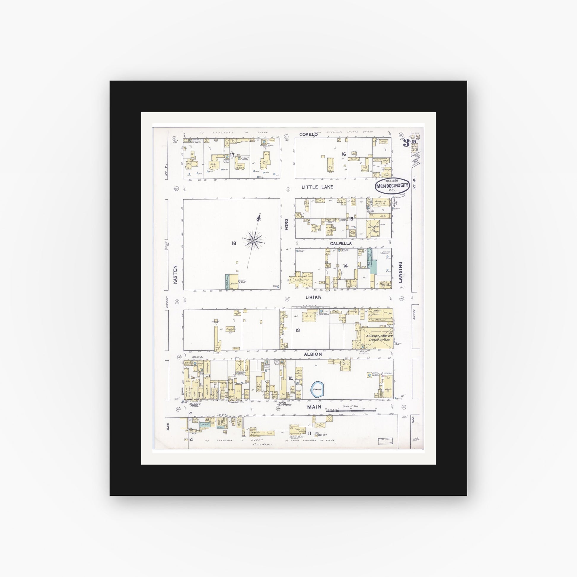 Old map wall art mockup — black gallery frame with white mat — Sanborn Fire Insurance Map from Mendocino, Mendocino County, California (1890), Sheet #0003
