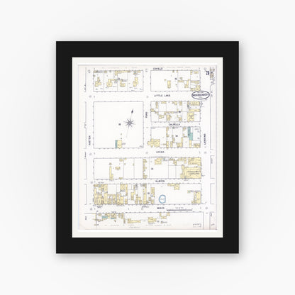 Old map wall art mockup — black gallery frame with white mat — Sanborn Fire Insurance Map from Mendocino, Mendocino County, California (1890), Sheet #0003