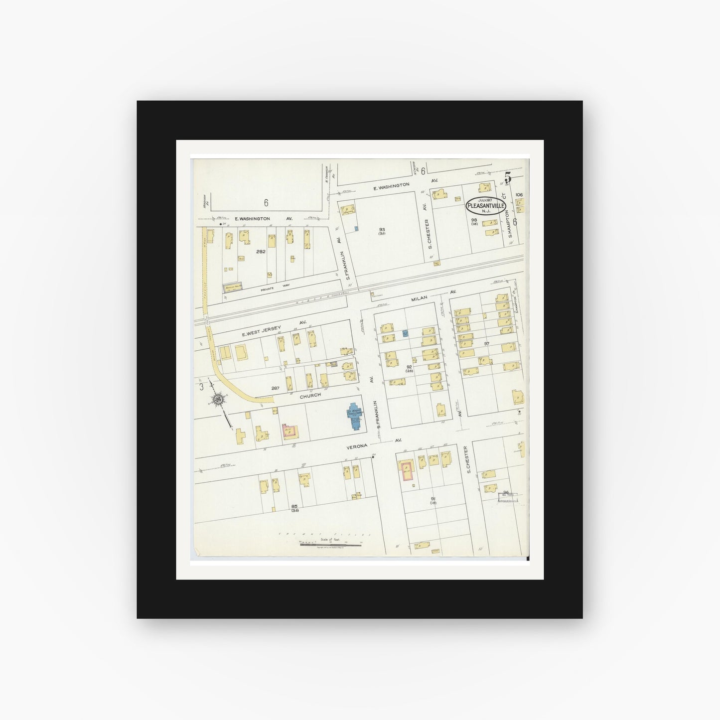 Old map wall art mockup — black gallery frame with white mat — Sanborn Fire Insurance Map from Pleasantville, Atlantic County, New Jersey (1917), Sheet #0005