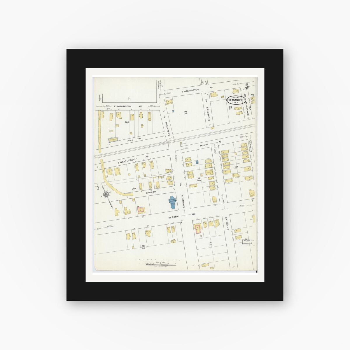 Old map wall art mockup — black gallery frame with white mat — Sanborn Fire Insurance Map from Pleasantville, Atlantic County, New Jersey (1917), Sheet #0005
