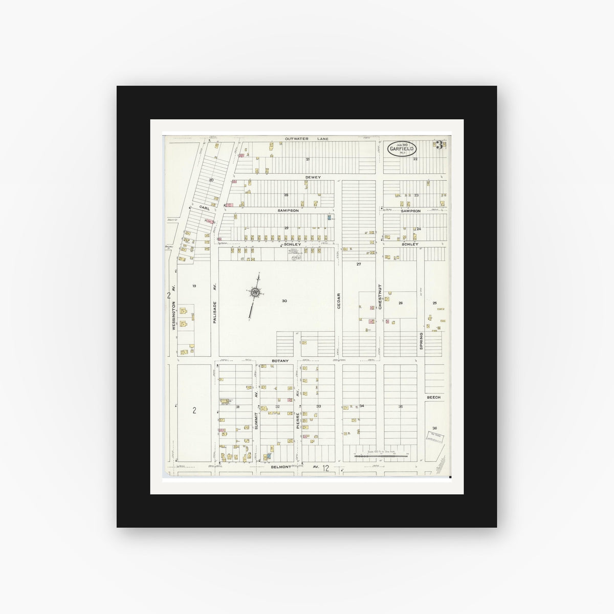 Old map wall art mockup — black gallery frame with white mat — Sanborn Fire Insurance Map from Garfield, Bergen County, New Jersey (1910), Sheet #0003