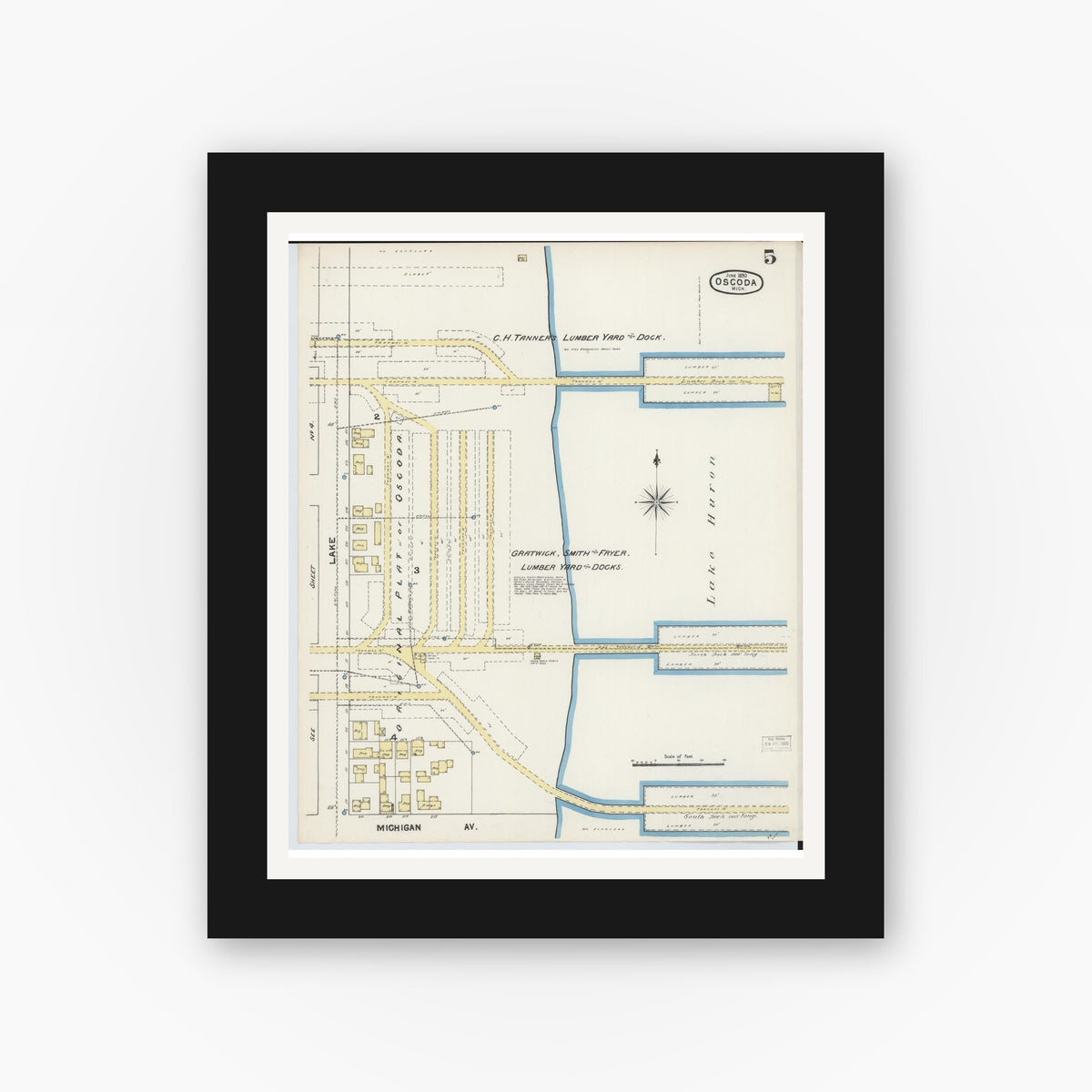 Old map wall art mockup — black gallery frame with white mat — Sanborn Fire Insurance Map from Oscoda, Iosco County, Michigan (1890), Sheet #0005
