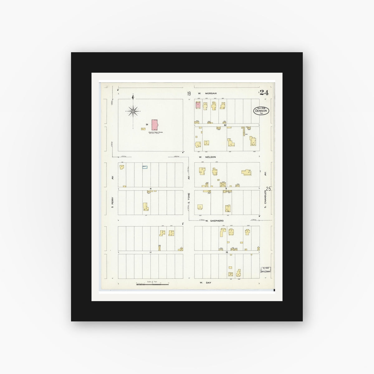 Old map wall art mockup — black gallery frame with white mat — Sanborn Fire Insurance Map from Denison, Grayson County, Texas (1908), Sheet #0024