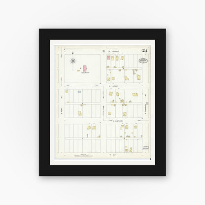 Old map wall art mockup — black gallery frame with white mat — Sanborn Fire Insurance Map from Denison, Grayson County, Texas (1908), Sheet #0024