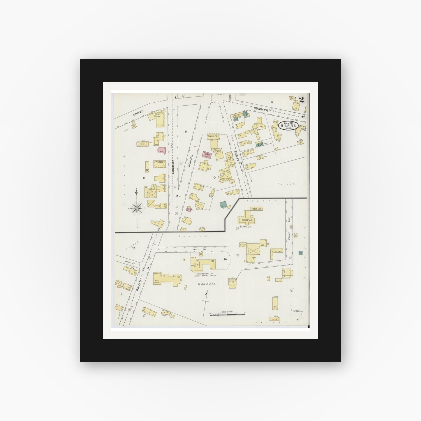 Old map wall art mockup — black gallery frame with white mat — Sanborn Fire Insurance Map from Barre, Worcester County, Massachusetts (1895), Sheet #0002