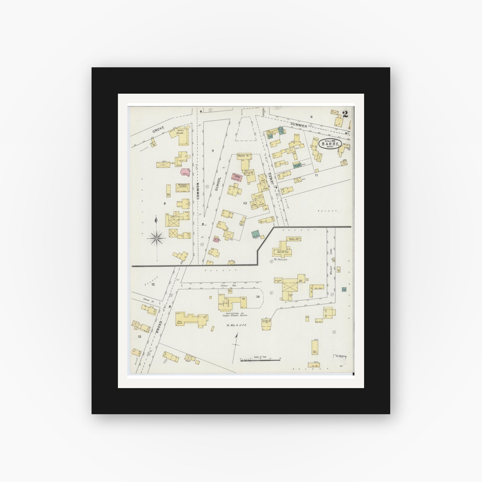 Old map wall art mockup — black gallery frame with white mat — Sanborn Fire Insurance Map from Barre, Worcester County, Massachusetts (1895), Sheet #0002
