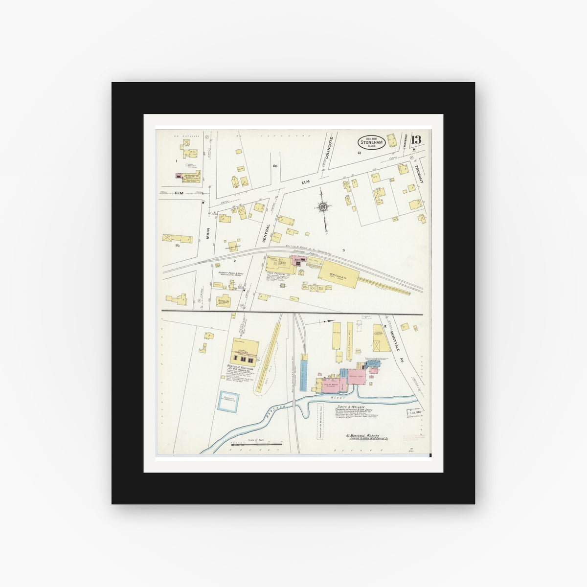 Old map wall art mockup — black gallery frame with white mat — Sanborn Fire Insurance Map from Stoneham, Middlesex County, Massachusetts (1909), Sheet #0013