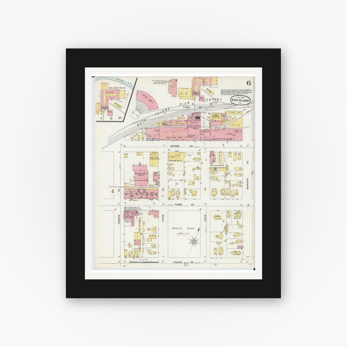 Old map wall art mockup — black gallery frame with white mat — Sanborn Fire Insurance Map from Rock Island, Rock Island County, Illinois (1898), Sheet #0006
