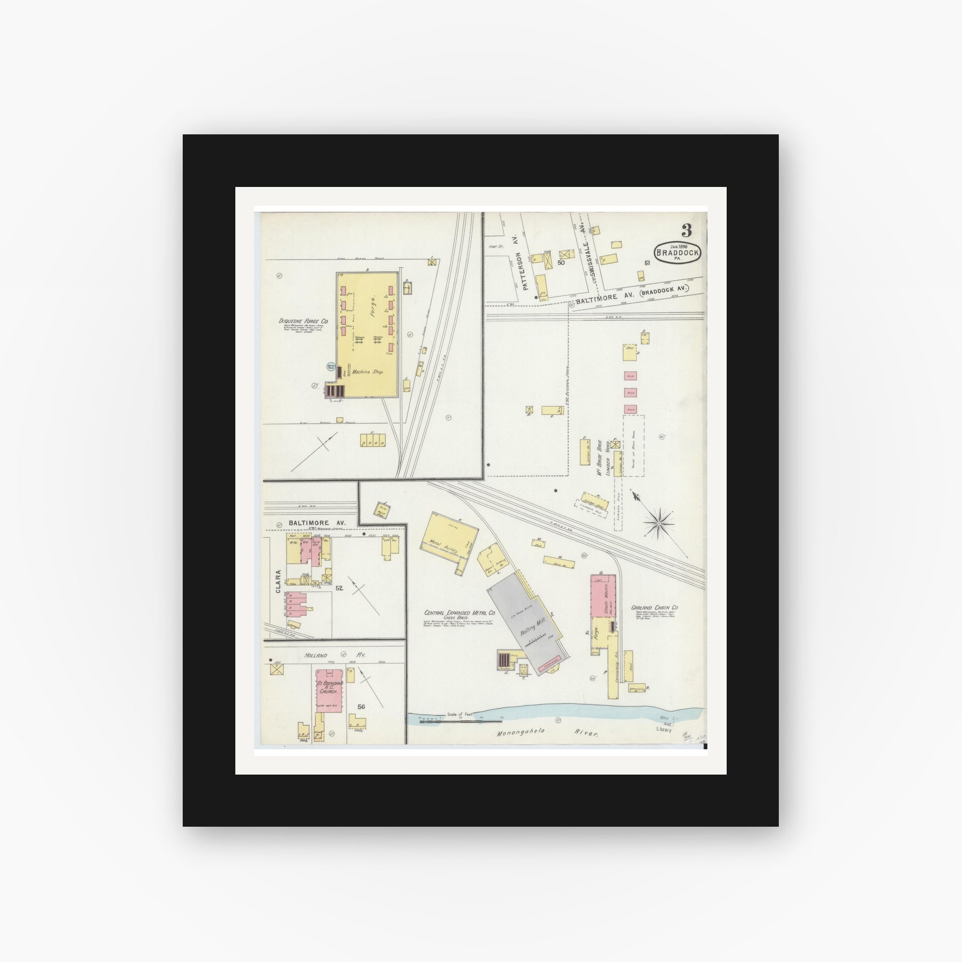 Old map wall art mockup — black gallery frame with white mat — Sanborn Fire Insurance Map from Braddock, Allegheny County, Pennsylvania (1896), Sheet #0003