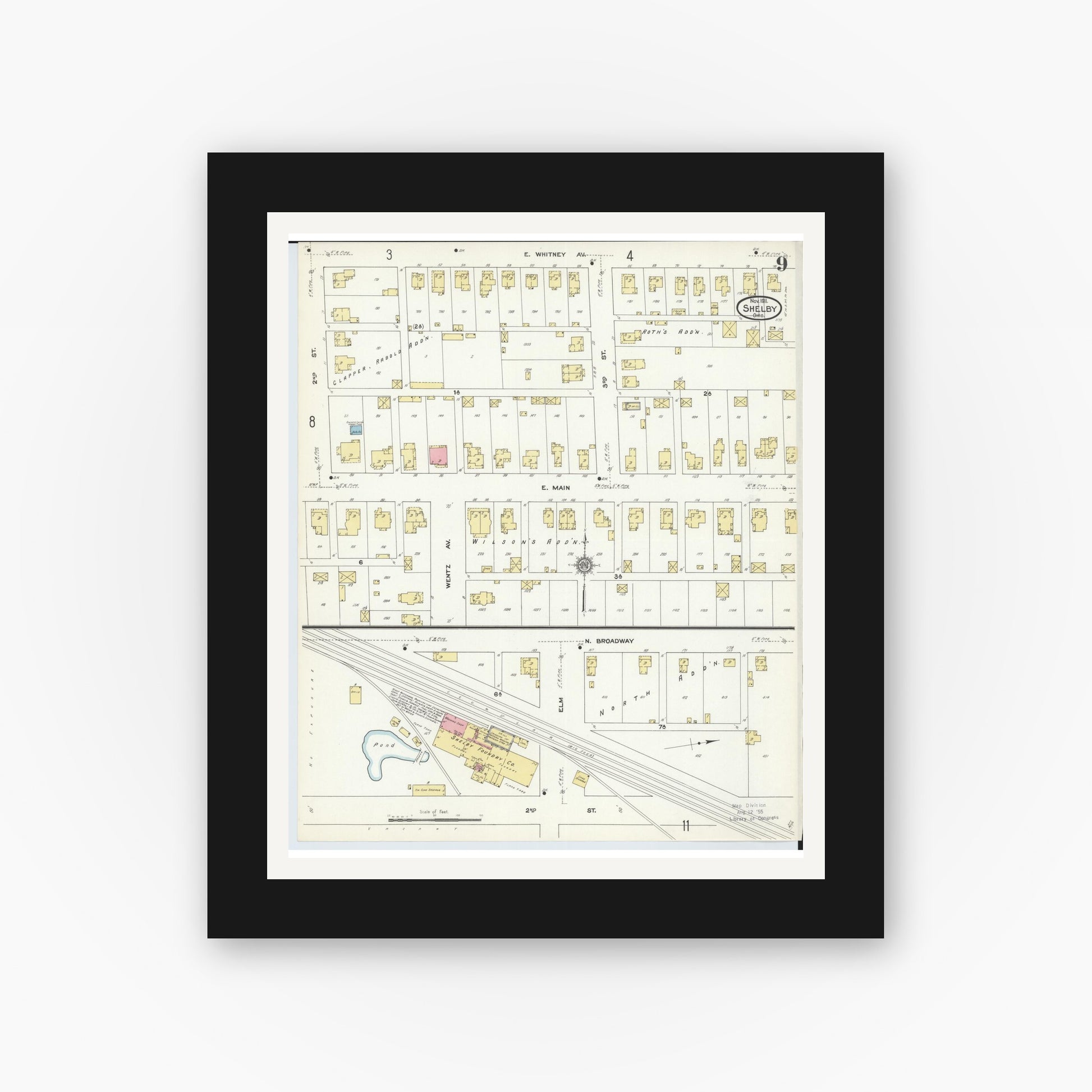 Old map wall art mockup — black gallery frame with white mat — Sanborn Fire Insurance Map from Shelby, Richland County, Ohio (1911), Sheet #0009