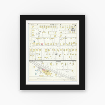 Old map wall art mockup — black gallery frame with white mat — Sanborn Fire Insurance Map from Shelby, Richland County, Ohio (1911), Sheet #0009