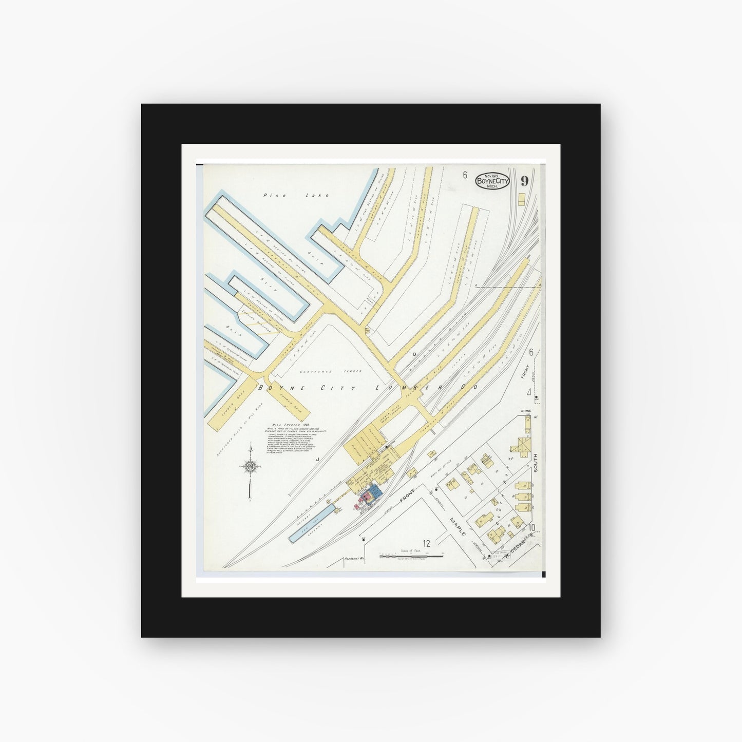 Old map wall art mockup — black gallery frame with white mat — Sanborn Fire Insurance Map from Boyne City, Charlevoix County, Michigan (1919), Sheet #0009