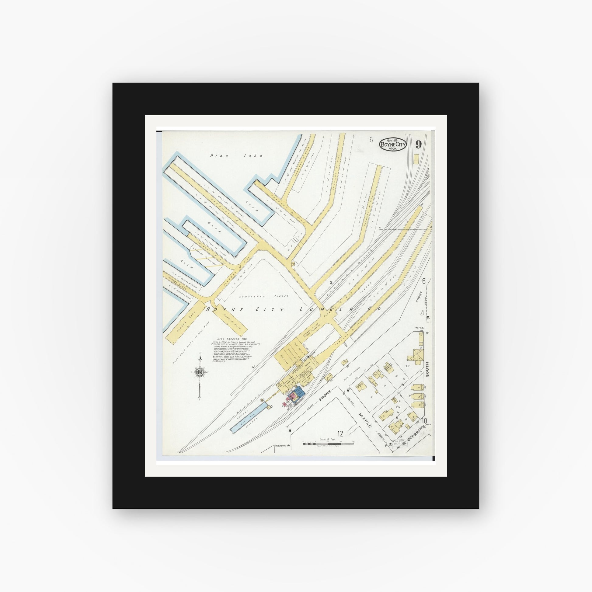 Old map wall art mockup — black gallery frame with white mat — Sanborn Fire Insurance Map from Boyne City, Charlevoix County, Michigan (1919), Sheet #0009