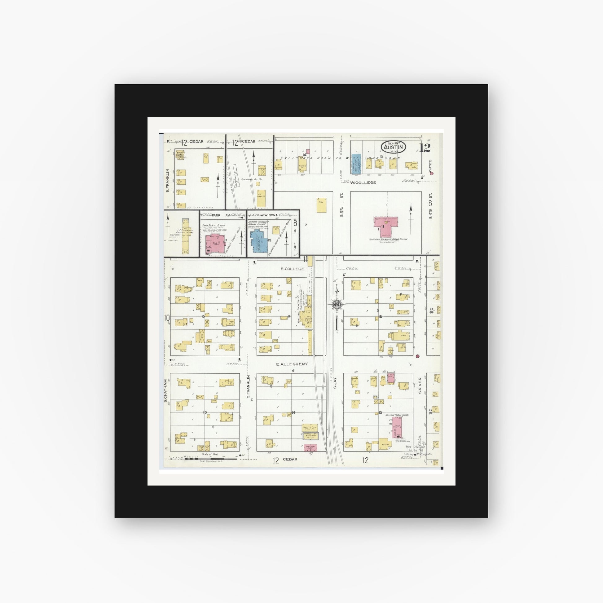 Old map wall art mockup — black gallery frame with white mat — Sanborn Fire Insurance Map from Austin, Mower County, Minnesota (1917), Sheet #0012