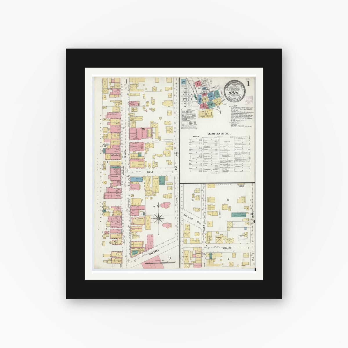 Old map wall art mockup — black gallery frame with white mat — Sanborn Fire Insurance Map from Kane, McKean County, Pennsylvania (1904) - Complete Map Set
