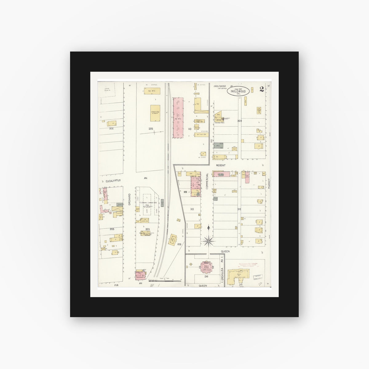 Old map wall art mockup — black gallery frame with white mat — Sanborn Fire Insurance Map from Inglewood, Los Angeles County, California (1907), Sheet #0002