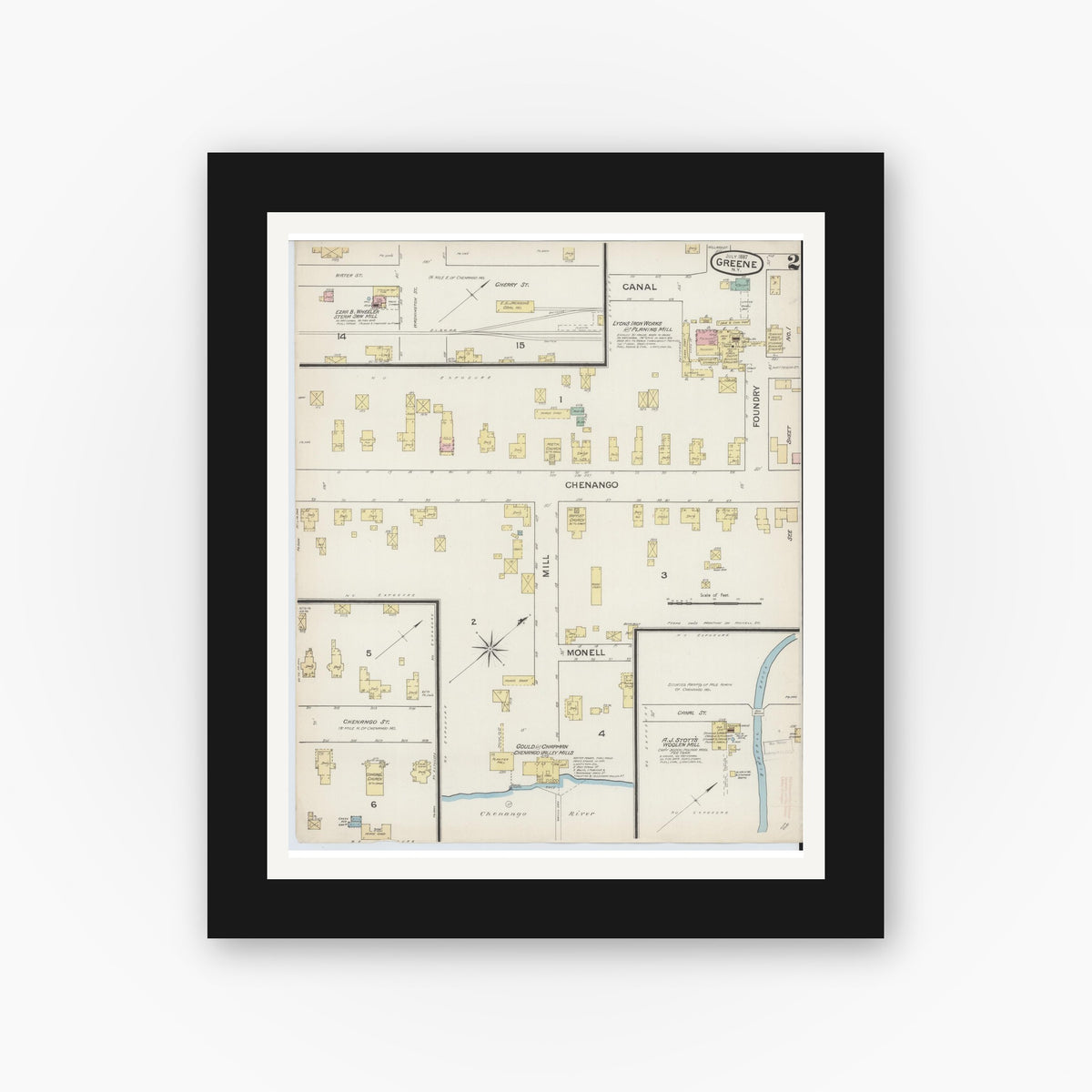 Old map wall art mockup — black gallery frame with white mat — Sanborn Fire Insurance Map from Greene, Chenango County, New York (1887), Sheet #0002
