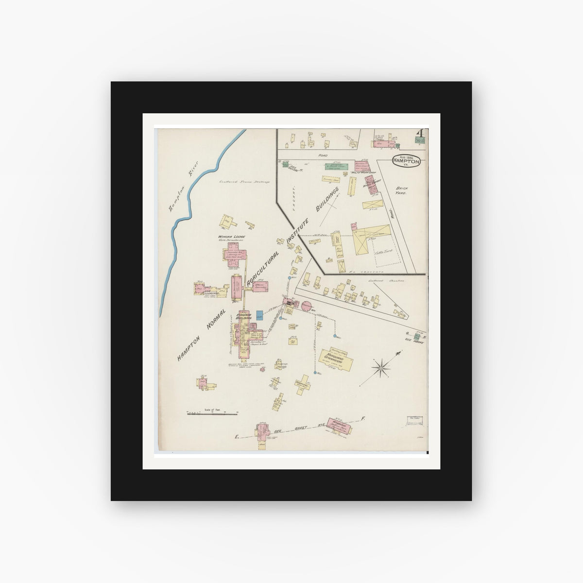 Old map wall art mockup — black gallery frame with white mat — Sanborn Fire Insurance Map from Hampton, Independent Cities, Virginia (1885), Sheet #0004