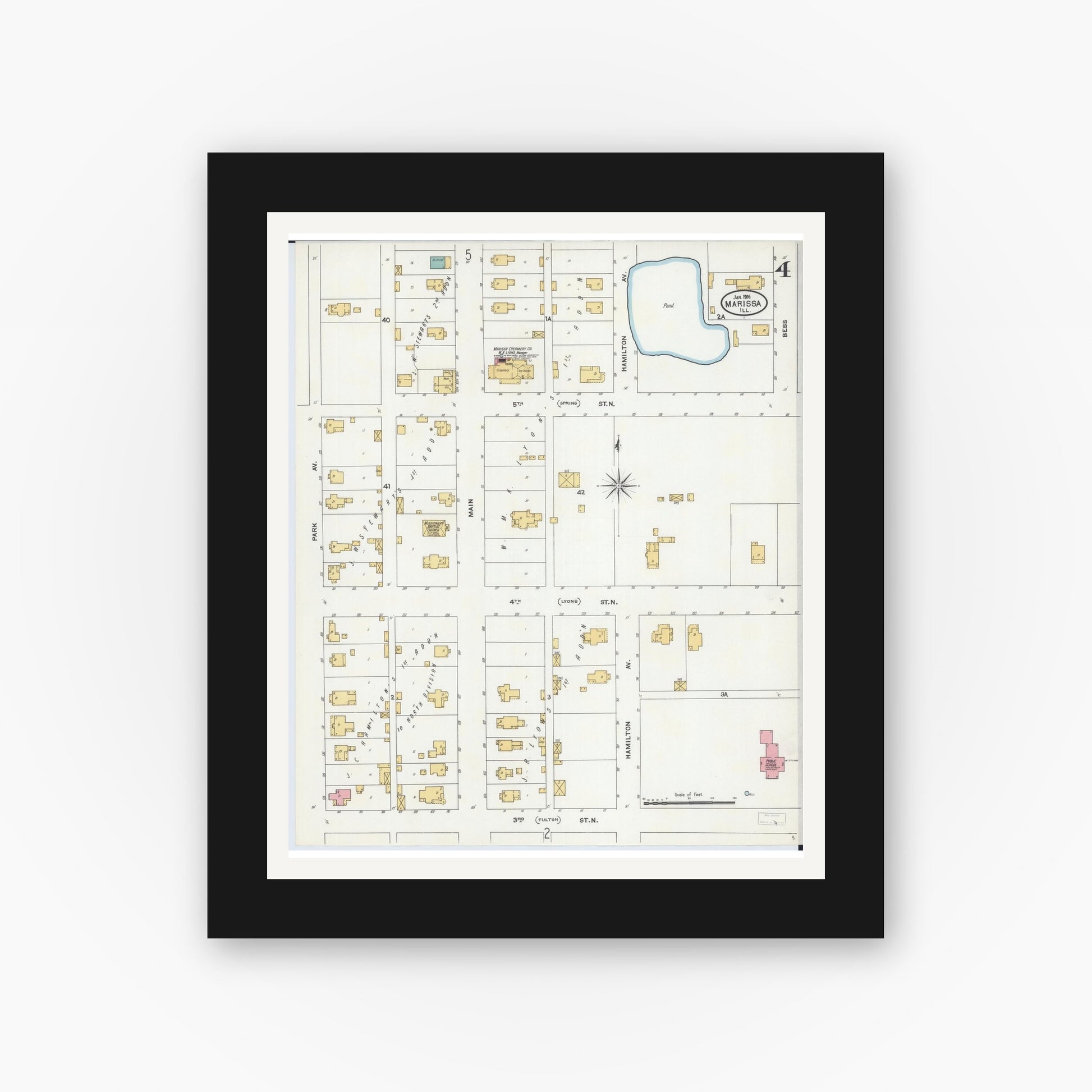 Old map wall art mockup — black gallery frame with white mat — Sanborn Fire Insurance Map from Marissa, Saint Clair County, Illinois (1906), Sheet #0004