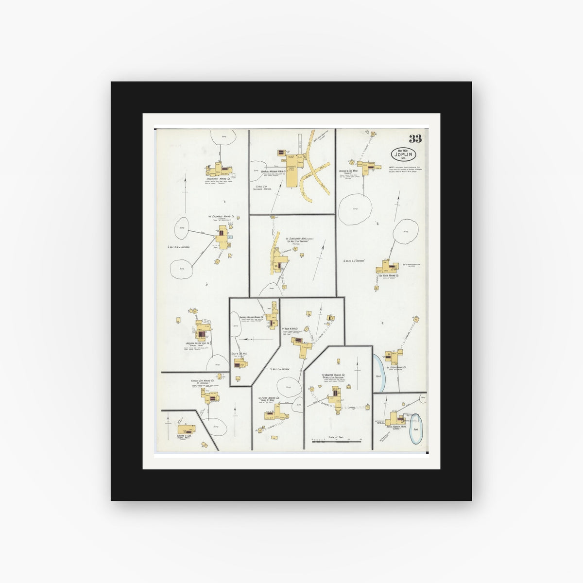 Old map wall art mockup — black gallery frame with white mat — Sanborn Fire Insurance Map from Joplin, Jasper County, Missouri (1900), Sheet #0033