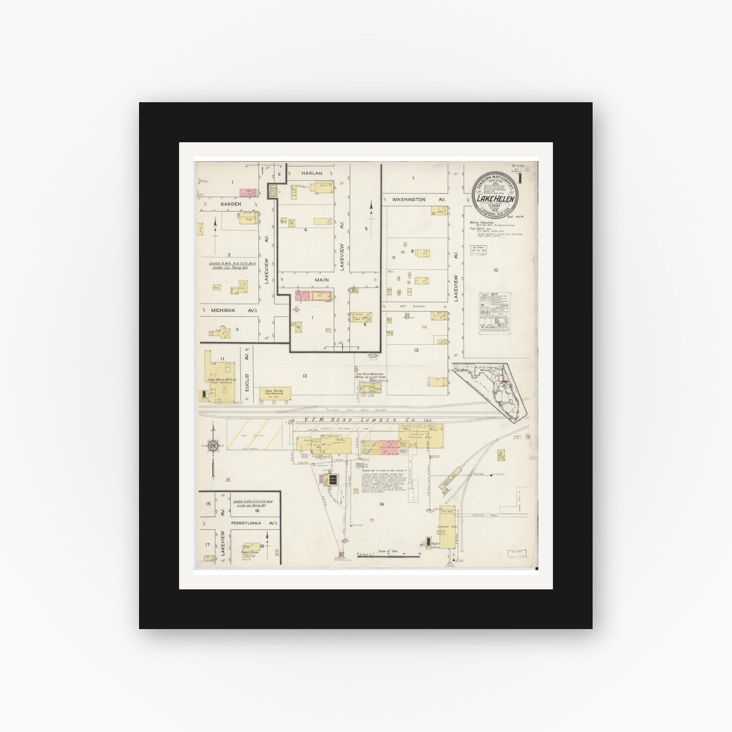 Old map wall art mockup — black gallery frame with white mat — Sanborn Fire Insurance Map from Lake Helen, Volusia County, Florida (1915) - Complete Map Set