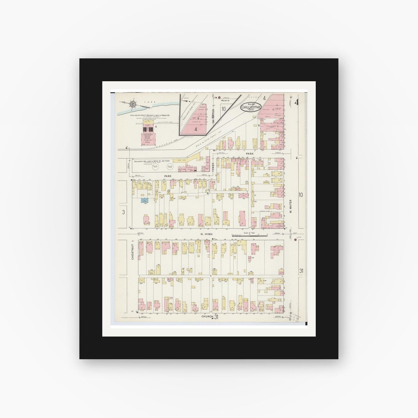 Old map wall art mockup — black gallery frame with white mat — Sanborn Fire Insurance Map from Chillicothe, Ross County, Ohio (1914), Sheet #0004