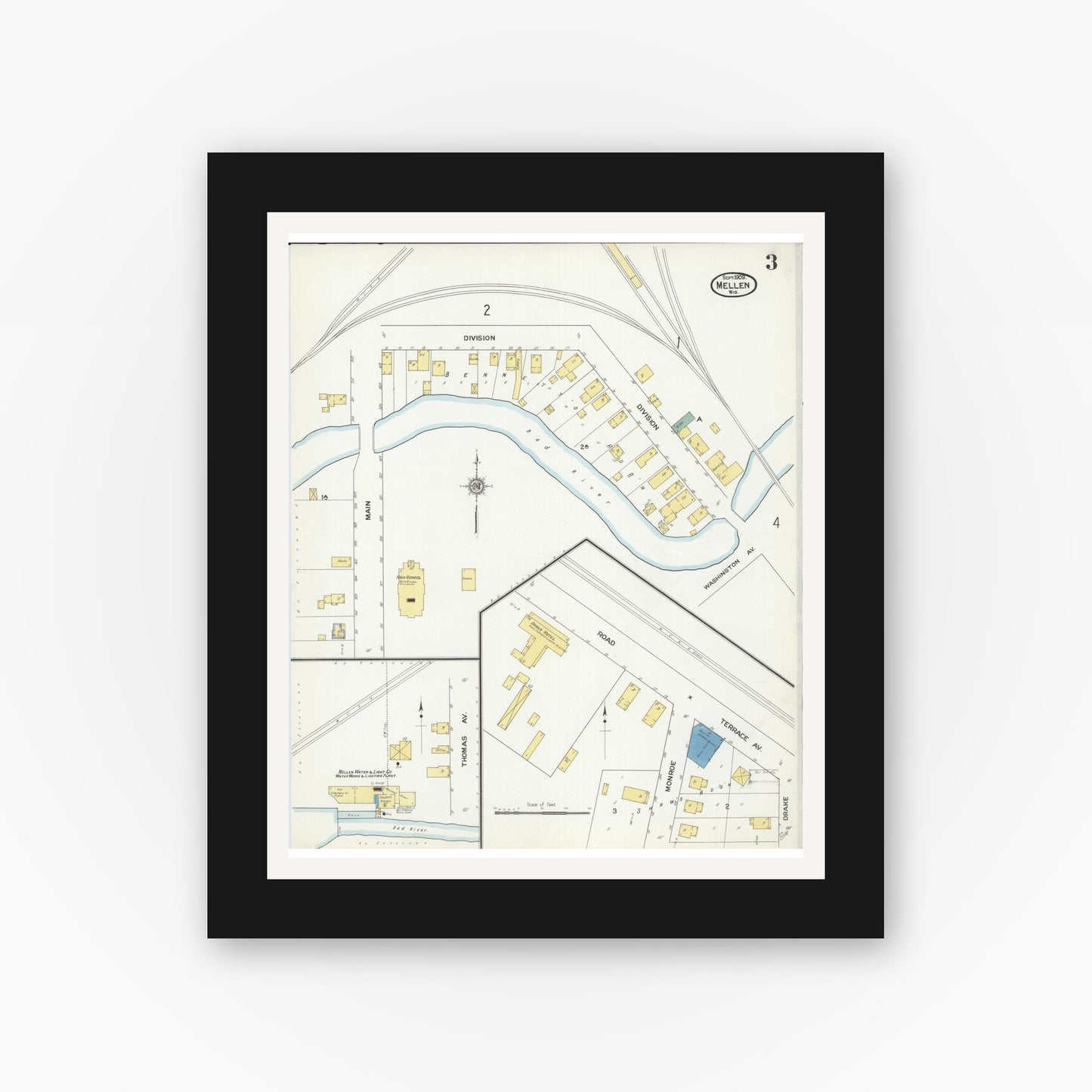 Old map wall art mockup — black gallery frame with white mat — Sanborn Fire Insurance Map from Mellen, Ashland County, Wisconsin (1909), Sheet #0003