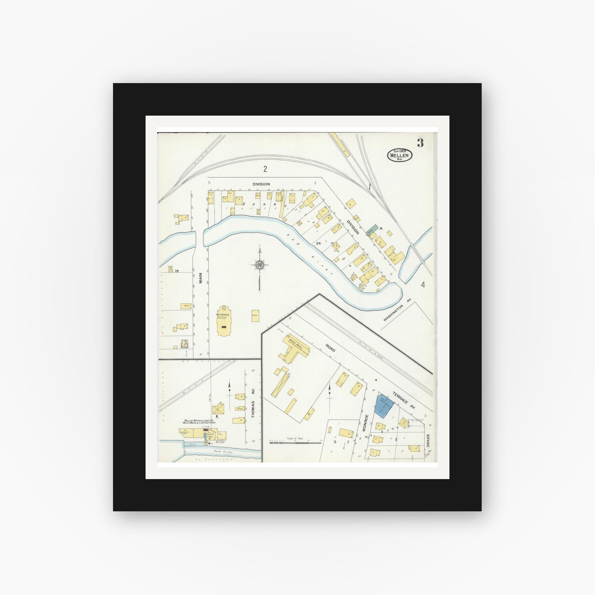 Old map wall art mockup — black gallery frame with white mat — Sanborn Fire Insurance Map from Mellen, Ashland County, Wisconsin (1909), Sheet #0003