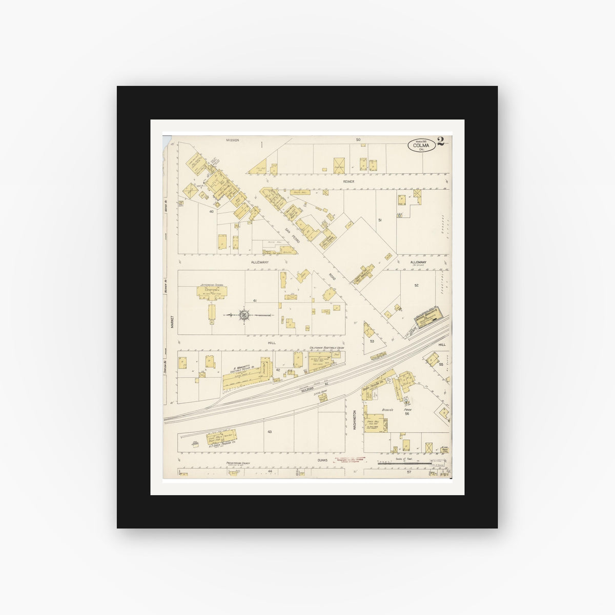 Old map wall art mockup — black gallery frame with white mat — Sanborn Fire Insurance Map from Colma, San Mateo County, California (1915), Sheet #0002