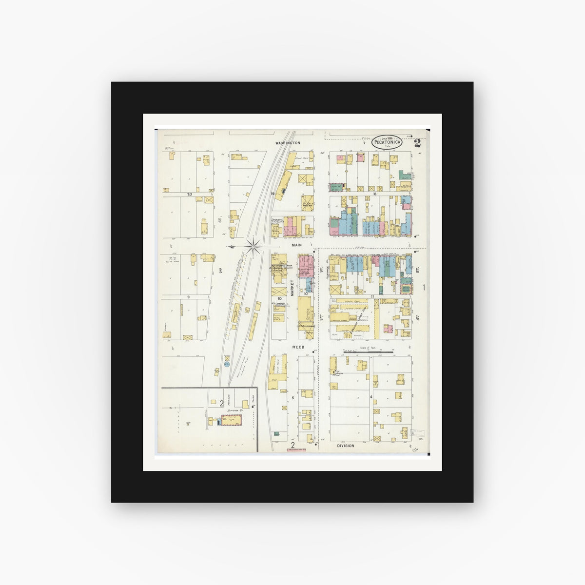 Old map wall art mockup — black gallery frame with white mat — Sanborn Fire Insurance Map from Pecatonica, Winnebago County, Illinois (1898), Sheet #0002