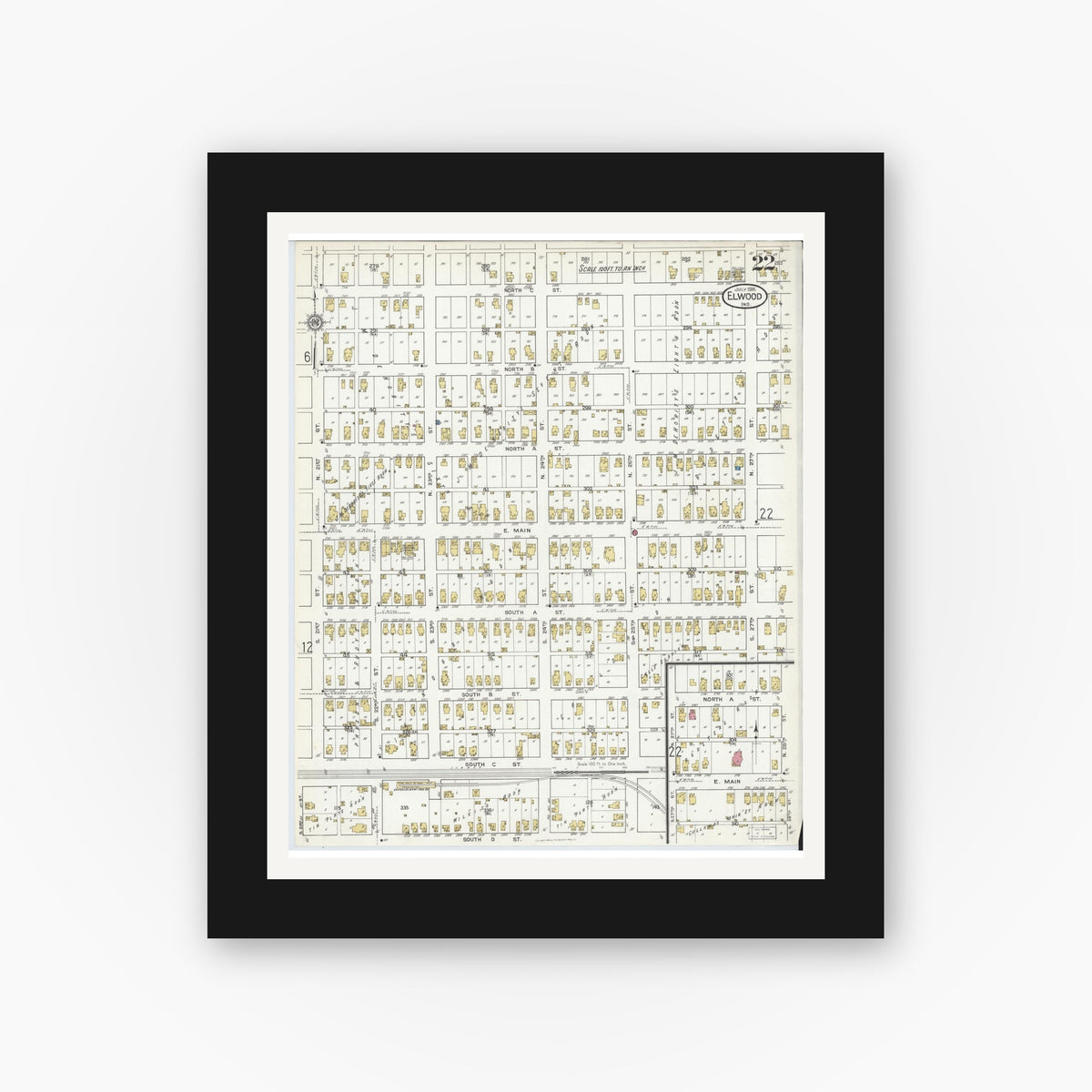 Old map wall art mockup — black gallery frame with white mat — Sanborn Fire Insurance Map from Elwood, Madison County, Indiana (1916), Sheet #0022