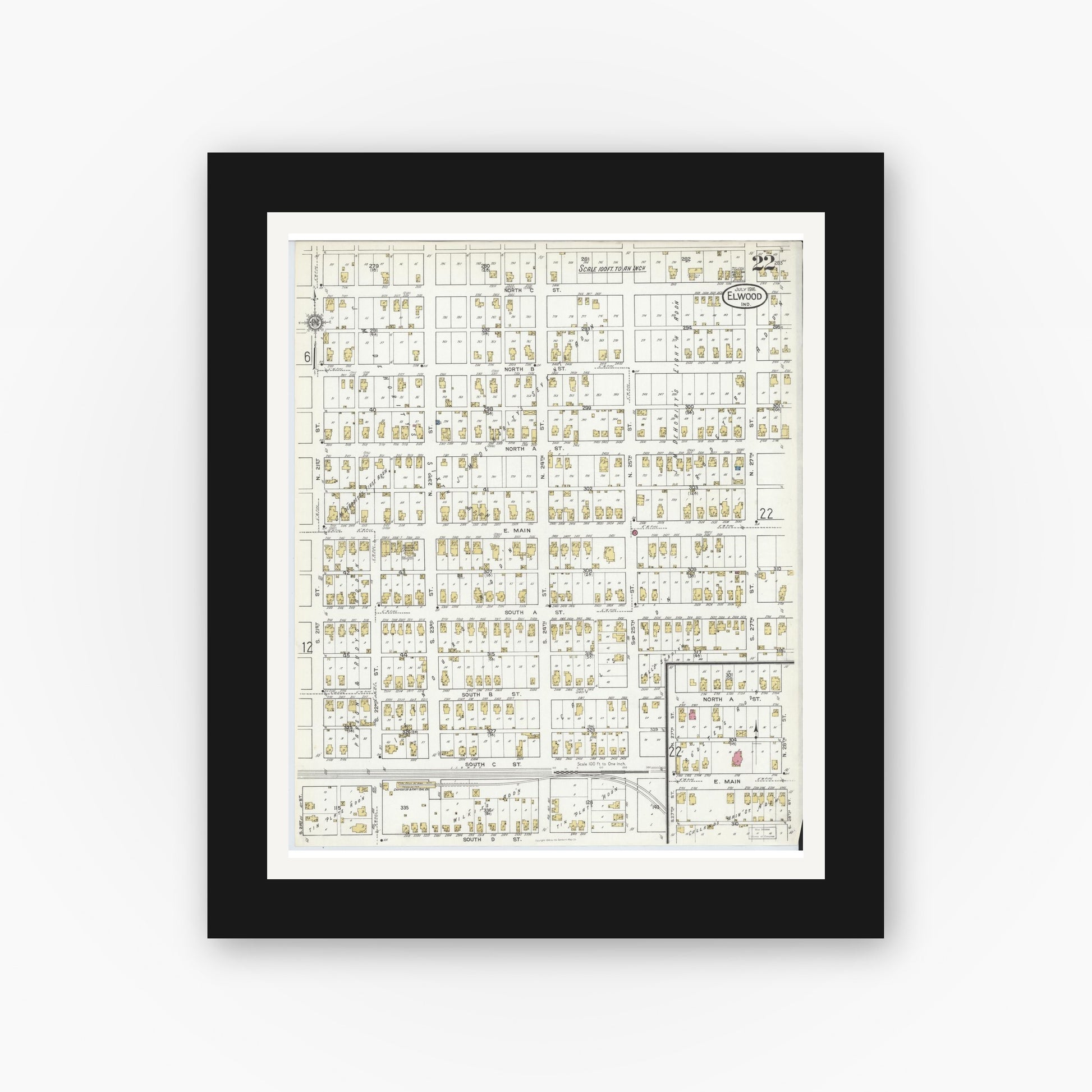 Old map wall art mockup — black gallery frame with white mat — Sanborn Fire Insurance Map from Elwood, Madison County, Indiana (1916), Sheet #0022
