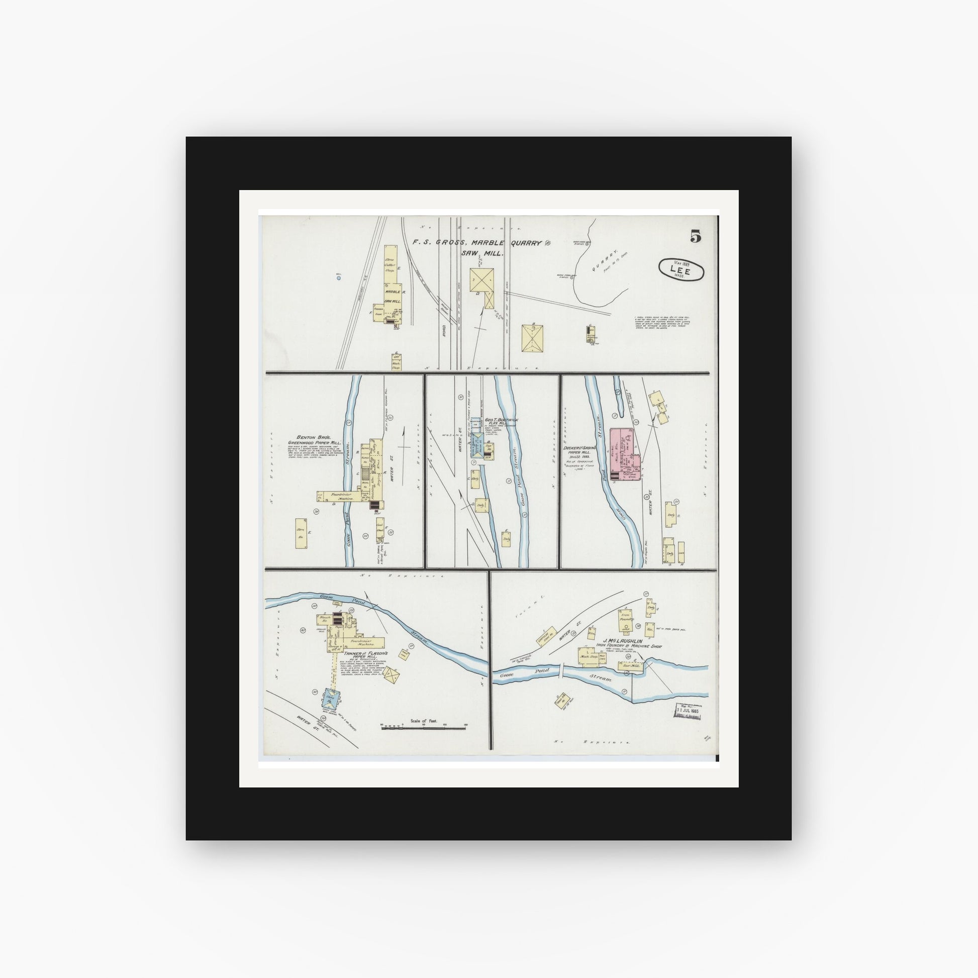 Old map wall art mockup — black gallery frame with white mat — Sanborn Fire Insurance Map from Lee, Berkshire County, Massachusetts (1889), Sheet #0005