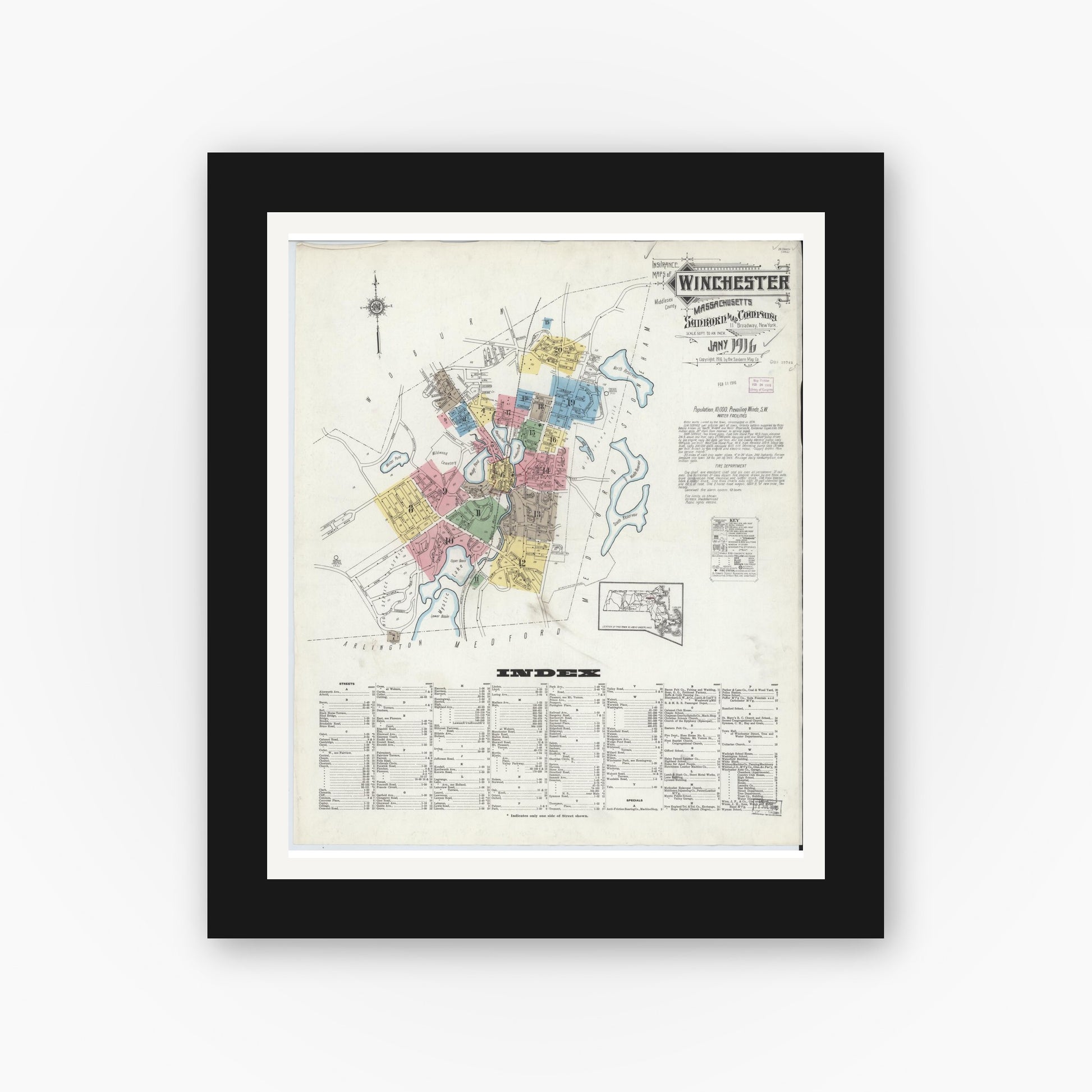 Old map wall art mockup — black gallery frame with white mat — Sanborn Fire Insurance Map from Winchester, Middlesex County, Massachusetts (1916) - Complete Map Set